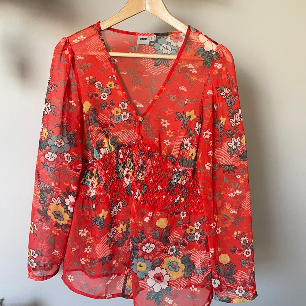 ASOS red floral sheer long sleeve blouse